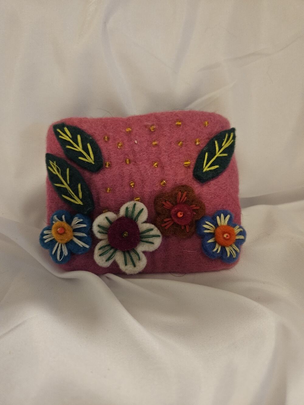 Handmade Felted 100% Sheep's Wool Embroidered Beaded Zippered Coin Purse